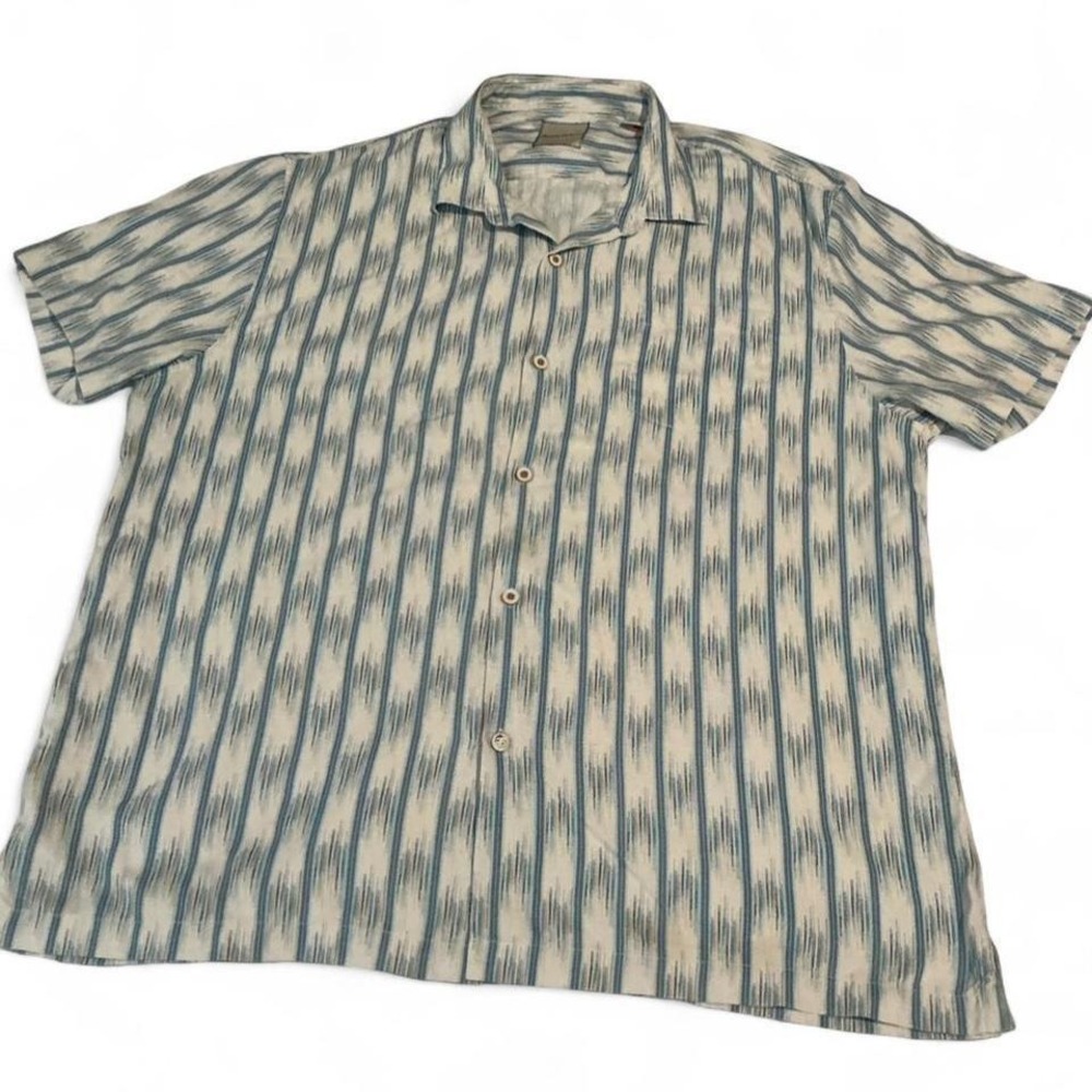 Tommy Bahama Button Down Shirt Mens 3XL Blue Ikat Stripe Silk Blend Short Sleeve